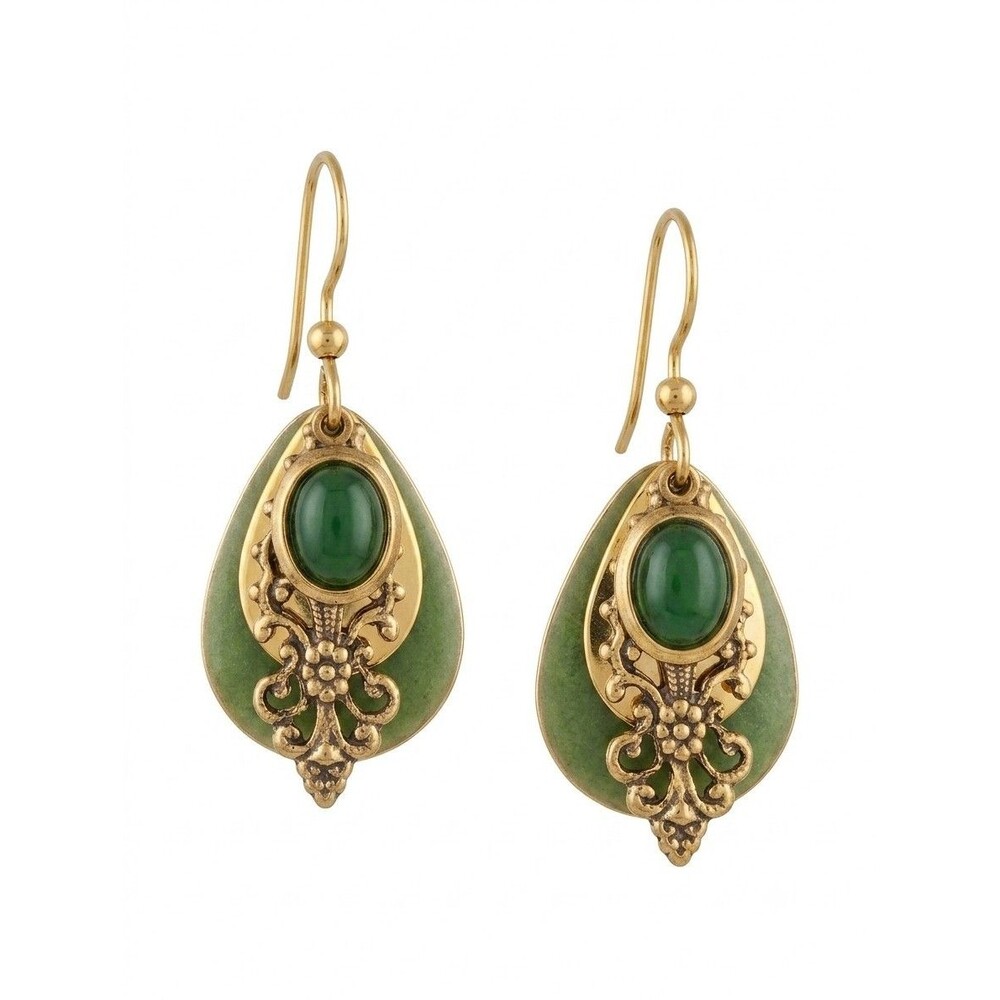 Silver Forest Jade Earrings Green Enamel Filigree Layered Teardrop 18k GF Hook